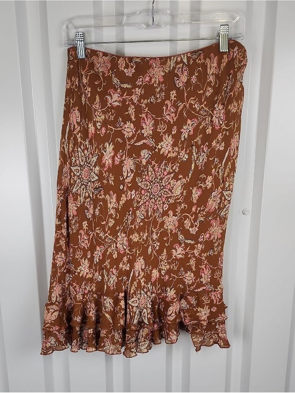 Chadwicks Y2K Women's Brown Floral Ruffle-Hem Silk Midi Skirt Size 14